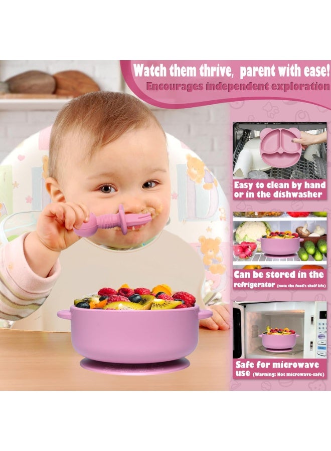 آي ميس يو طقم تغذية أطفال من السيليكون مع وعاء شفط، طقم فطام مكون من 12 قطعة، مريلة قابلة للتعديل، كوب، شوكة وملعقة، طقم ملاعق وأطباق للتغذية الذاتية، أدوات طعام للأطفال، مستلزمات تغذية الأطفال الصغار (وردي) - Image 3