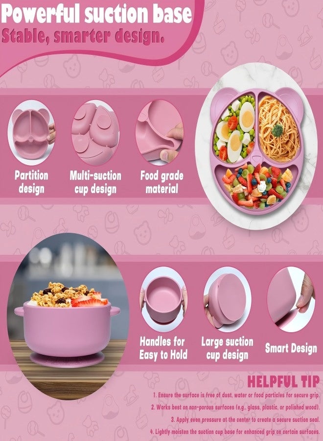 آي ميس يو طقم تغذية أطفال من السيليكون مع وعاء شفط، طقم فطام مكون من 12 قطعة، مريلة قابلة للتعديل، كوب، شوكة وملعقة، طقم ملاعق وأطباق للتغذية الذاتية، أدوات طعام للأطفال، مستلزمات تغذية الأطفال الصغار (وردي) - Image 4