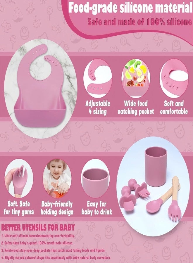 آي ميس يو طقم تغذية أطفال من السيليكون مع وعاء شفط، طقم فطام مكون من 12 قطعة، مريلة قابلة للتعديل، كوب، شوكة وملعقة، طقم ملاعق وأطباق للتغذية الذاتية، أدوات طعام للأطفال، مستلزمات تغذية الأطفال الصغار (وردي) - Image 5