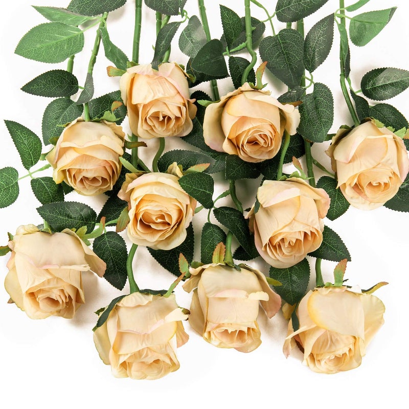 Flojery 10pcs Artificial Rose Flowers Long Stem Fake Silk Roses for DIY Wedding Bouquet Table Centerpiece Home DecorChampagne