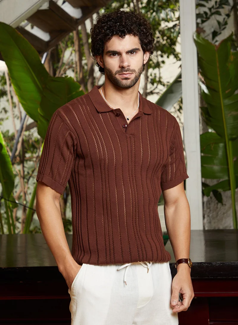 Campus Sutra Campus Sutra Men's Chocolate Brown Stripe-Textured Polo T-Shirt For Casual Wear | Polo Neck | Short Regular Sleeves | Pull On Closure | T-Shirt Crafted With Comfort Fit For Everyday Wear