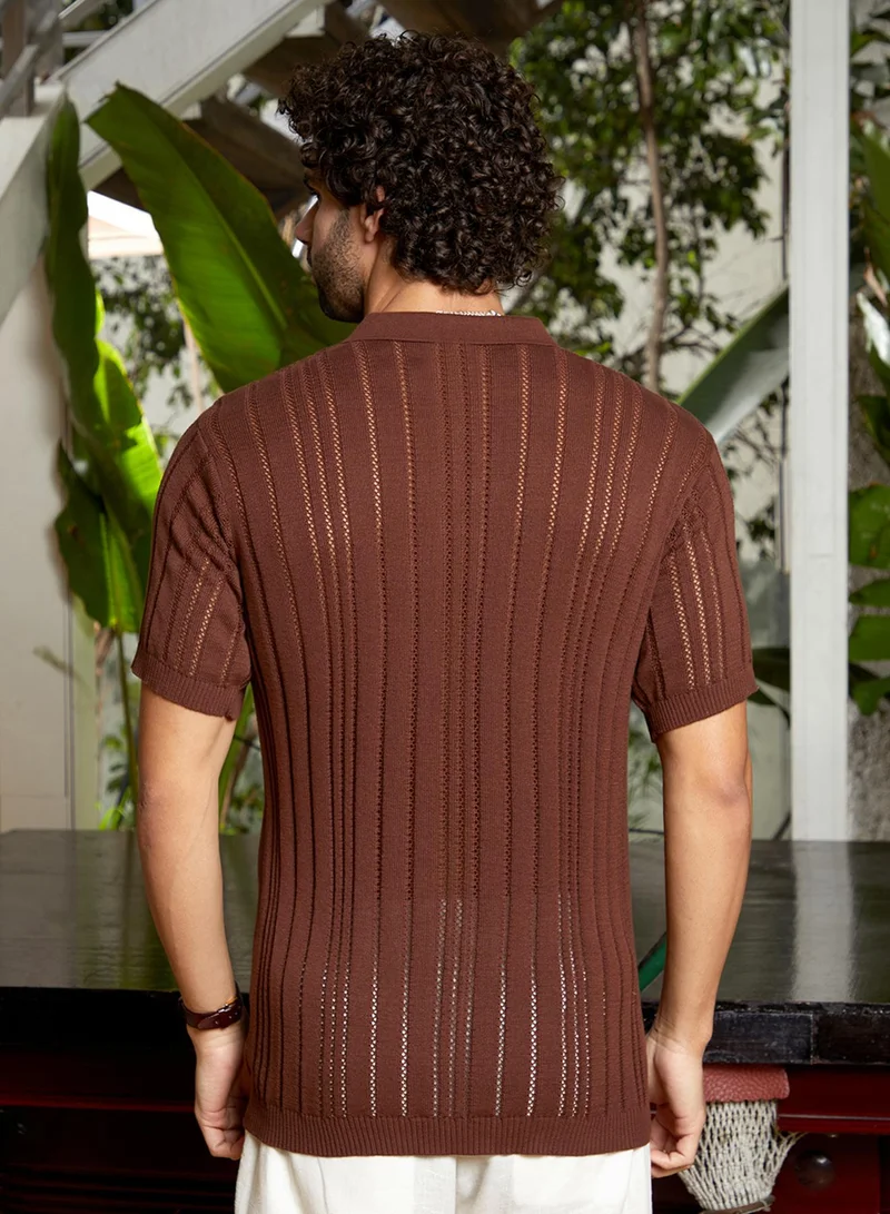 Campus Sutra Campus Sutra Men's Chocolate Brown Stripe-Textured Polo T-Shirt For Casual Wear | Polo Neck | Short Regular Sleeves | Pull On Closure | T-Shirt Crafted With Comfort Fit For Everyday Wear