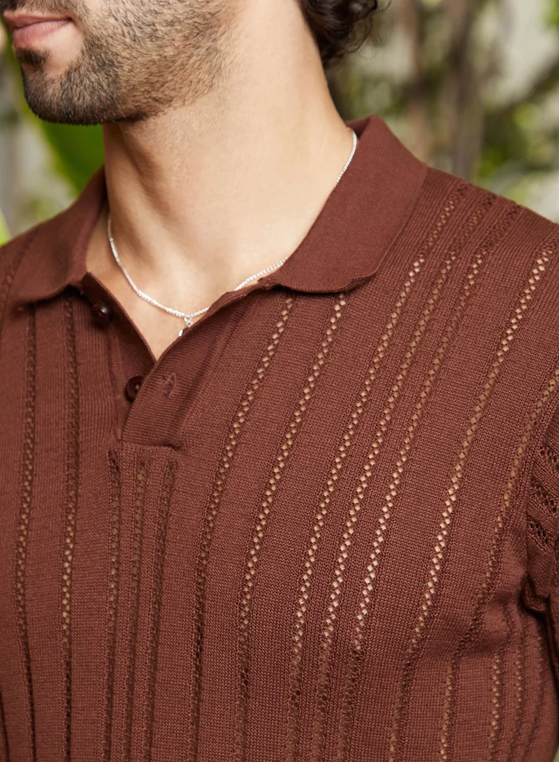 Campus Sutra Campus Sutra Men's Chocolate Brown Stripe-Textured Polo T-Shirt For Casual Wear | Polo Neck | Short Regular Sleeves | Pull On Closure | T-Shirt Crafted With Comfort Fit For Everyday Wear