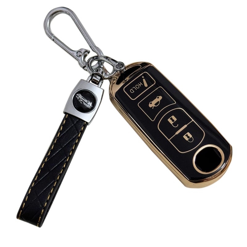 Key Fob Cover for Mazda CX5 4 Buttons Soft TPU with Leather Keychain Key Fob Remote Case Fit for Mazda 6 MX5 Miata 3 CX9 CX5 20092020 WAZSKE13D01 WAZSKE13D02 KR55WK49383 GJY9675DY Black