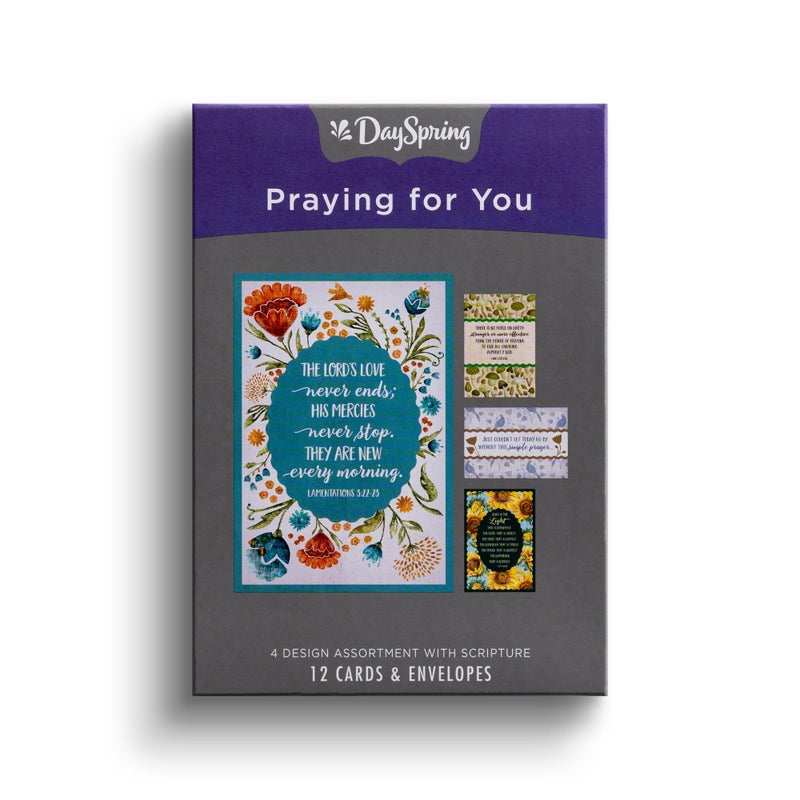 DaySpring - The Lord's Love Never Ends - 4 Floral Desgin Assortment with Scripture - 12 Boxed Praying for You Cards & Envelopes (J9176) - Image 1