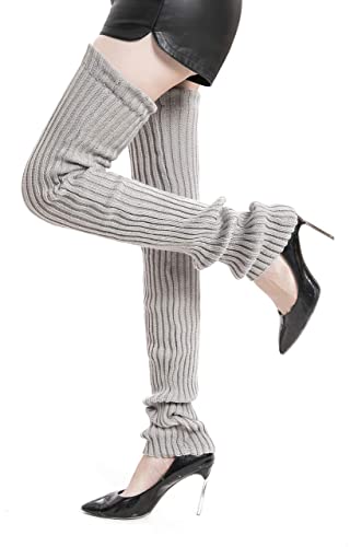 Leotruny Women's Winter Thick Knit Extra Long Thigh High Leg Warmers (C02-Light Gray) - Image 3