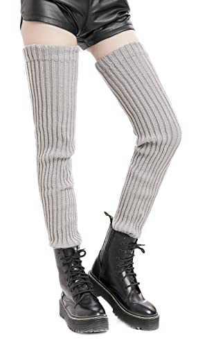 Leotruny Women's Winter Thick Knit Extra Long Thigh High Leg Warmers (C02-Light Gray) - Image 2