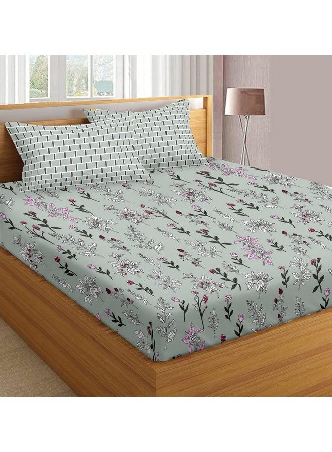 Trance Home Linen Trance Home Linen ,Cotton 180 TC 84"X72" Elastic Fitted Bedsheet Cal.King Bed Size | Printed Fitted Sheet | Elasticated Fitted Bedspread With 2 Pillow Covers (84X72 Inch, Misty Green Carnations)  - Image 1