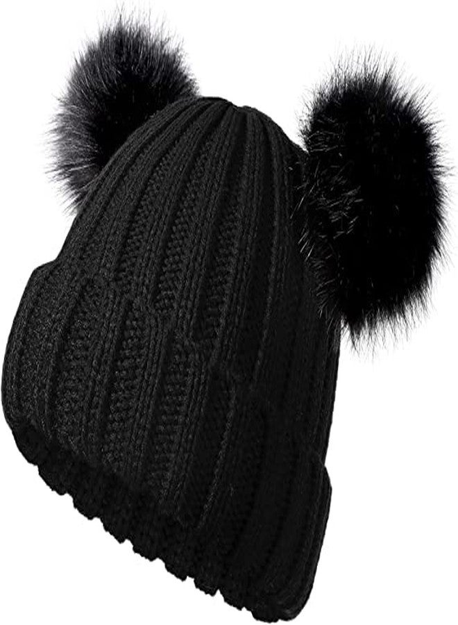 NIUE Toddler Double Pom Pom Beanie Kids Winter hat Warm Soft Toddler Cap Cute Kids Knitted Beanie for Baby Boys and Baby Girls (7-12Years) (Black) - Image 2