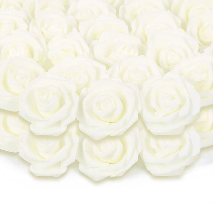 200PCS IVORY ARTIFICIAL FOAM ROSE FLOWER HEAD 3INCH FAKE FLOWER HEADS STEMLESS FLOWERS FOR DIY CRAFTSWEDDING BOUQUETS CENTERPIECES ARRANGEMENTS PARTY BABY SHOWER HOME DECOR IVORY