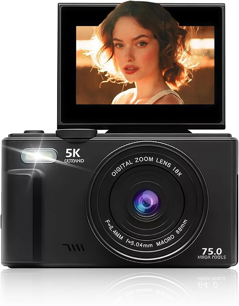 Bewinner 5K Digital Camera for Photography, UHD Autofocus WiFi 75 MP 180° Flip Screen 18X Zoom Compact Point Shoot Vlogging Camera, HD WiFi Compact Cameras for YouTube Travel (Black) - Image 1