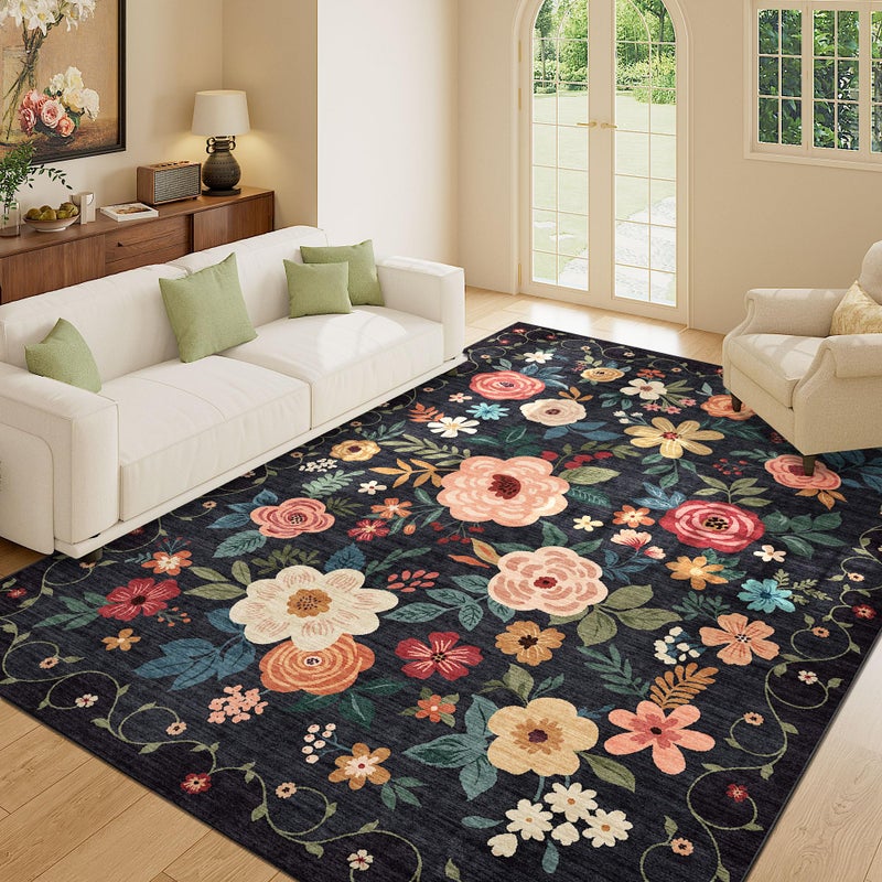 DUKINO 5x7 Area Rug, Floral Design, Lightweight Non Slip Washable, Indoor Low Pile & Non-Shedding Boho Rug for Bedroom, Living Room, Dining Room, Black - Image 2