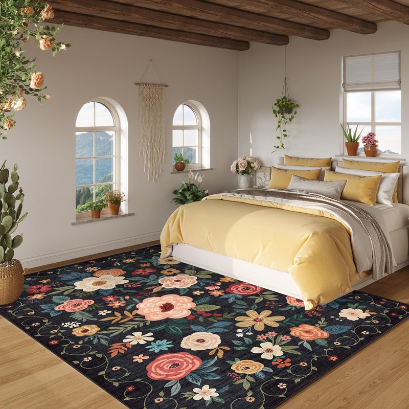 DUKINO 5x7 Area Rug, Floral Design, Lightweight Non Slip Washable, Indoor Low Pile & Non-Shedding Boho Rug for Bedroom, Living Room, Dining Room, Black - Image 3