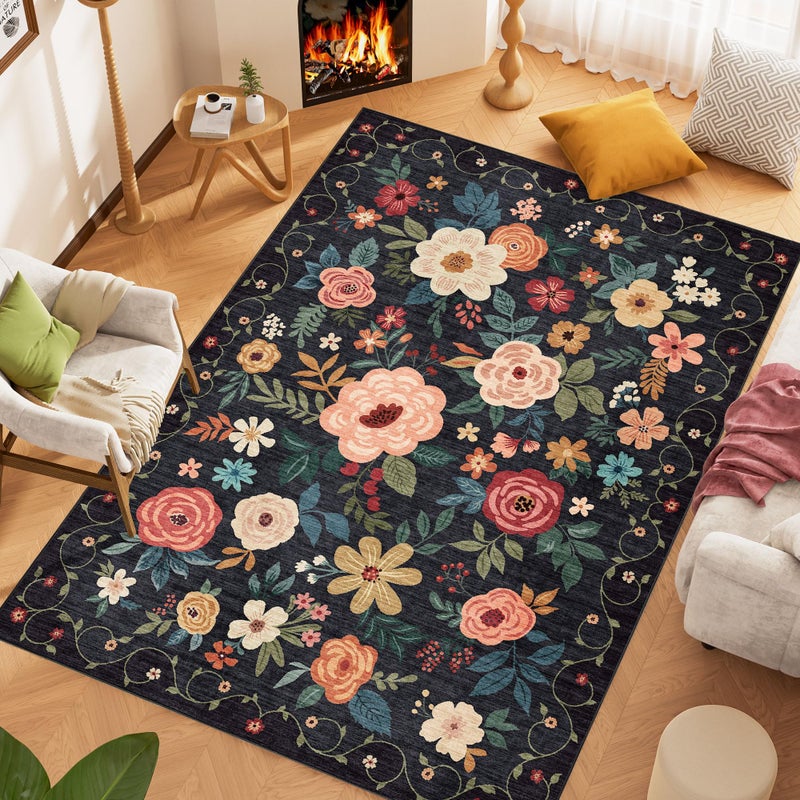 DUKINO 5x7 Area Rug, Floral Design, Lightweight Non Slip Washable, Indoor Low Pile & Non-Shedding Boho Rug for Bedroom, Living Room, Dining Room, Black - Image 4