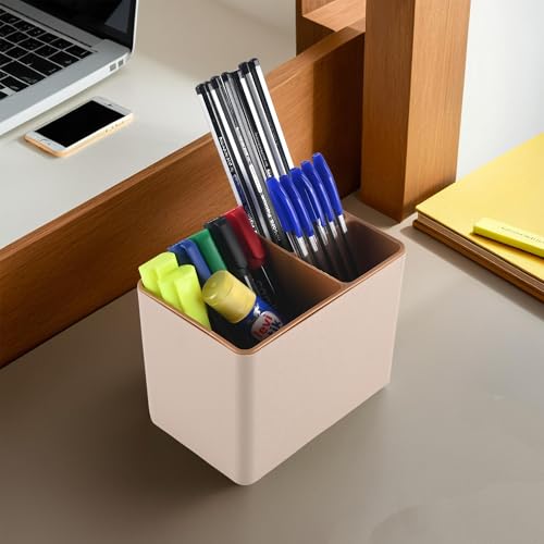 Kuber Industries Pack of 6 Pen Holder For Study Table | 3-Compartment Marker/Pencil Stand & Desk Organizer for Student | Office Table Accessory for Stationary Item | Sandy Brown - Image 2