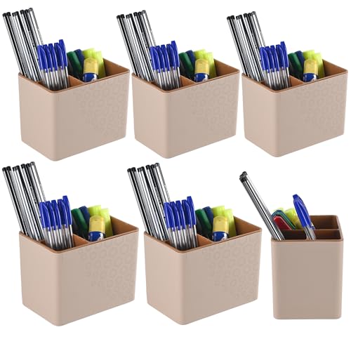 Kuber Industries Pack of 6 Pen Holder For Study Table | 3-Compartment Marker/Pencil Stand & Desk Organizer for Student | Office Table Accessory for Stationary Item | Sandy Brown - Image 1