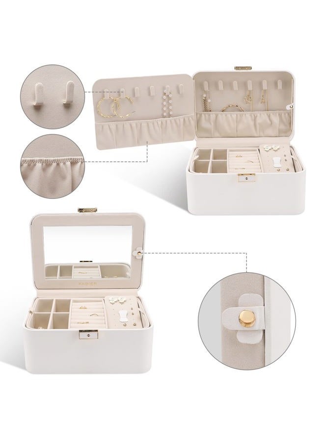 KAMIER Jewelry Boxes for Women, 2 Layers PU Leather Jewelry Organizer Lockable Display with Mirror for Earring Ring Necklace Bracelet (White) - Image 3