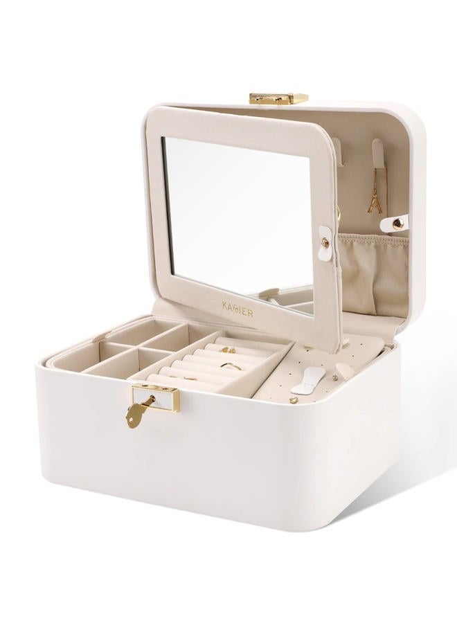 KAMIER Jewelry Boxes for Women, 2 Layers PU Leather Jewelry Organizer Lockable Display with Mirror for Earring Ring Necklace Bracelet (White) - Image 1