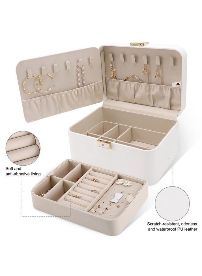 KAMIER Jewelry Boxes for Women, 2 Layers PU Leather Jewelry Organizer Lockable Display with Mirror for Earring Ring Necklace Bracelet (White) - Image 2