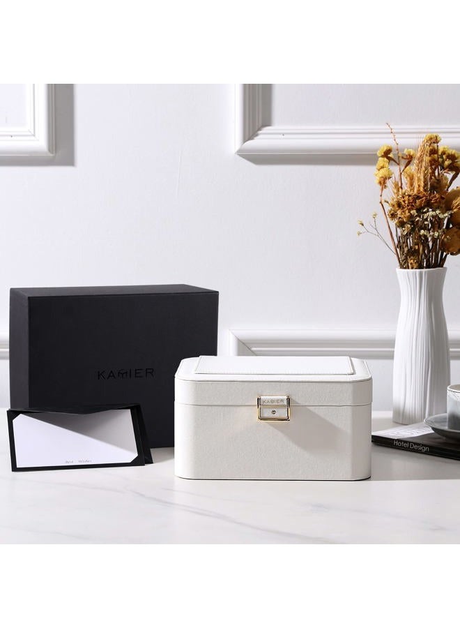 KAMIER Jewelry Boxes for Women, 2 Layers PU Leather Jewelry Organizer Lockable Display with Mirror for Earring Ring Necklace Bracelet (White) - Image 4