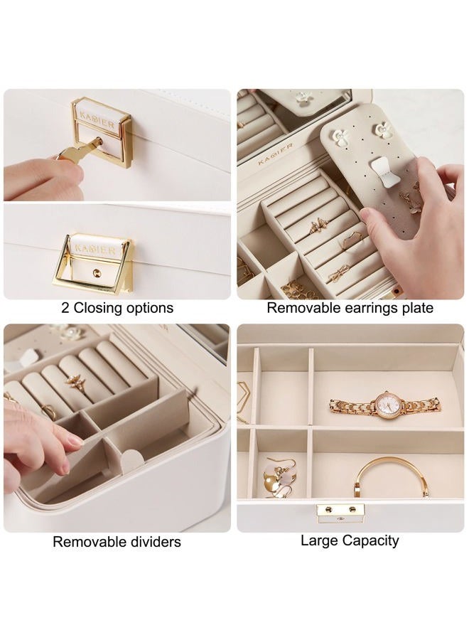 KAMIER Jewelry Boxes for Women, 2 Layers PU Leather Jewelry Organizer Lockable Display with Mirror for Earring Ring Necklace Bracelet (White) - Image 5
