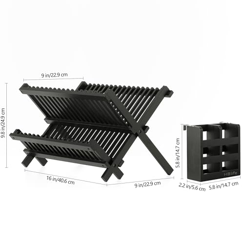 HBlife Dish Rack Bamboo Folding 2Tier Collapsible Drainer Dish Drying Rack with Utensils Flatware Holder Set Dish Rack with Utensil Holder - Image 3