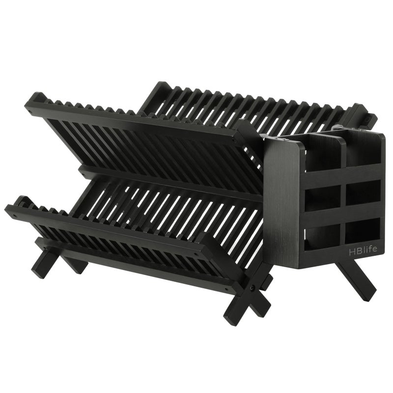 HBlife Dish Rack Bamboo Folding 2Tier Collapsible Drainer Dish Drying Rack with Utensils Flatware Holder Set Dish Rack with Utensil Holder - Image 2