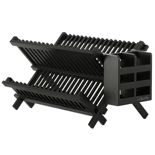 HBlife Dish Rack Bamboo Folding 2Tier Collapsible Drainer Dish Drying Rack with Utensils Flatware Holder Set Dish Rack with Utensil Holder - Image 1