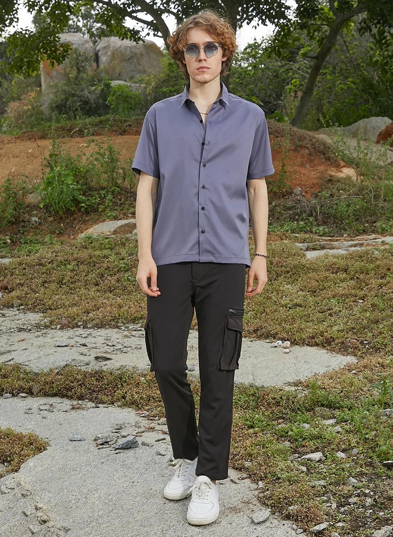 Campus Sutra Campus Sutra Men's Moon Grey Satin Oversized Shirt For Casual Wear | Spread Collar | Short Regular Sleeves | Button Closure | Oversized Shirt Crafted With Comfort Fit For Everyday Wear