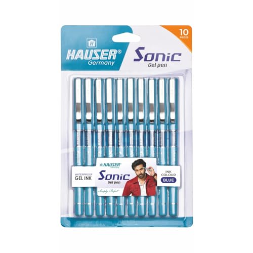 Hauser Sonic 0.55mm Gel Pen Blister Pack | Attractive Foiled Body | Stylish Metal Clip | Refillable & Waterproof Gel Ink | German Technology For Smooth & Effortless Writing | Blue Ink, Set of 10 Pens - Image 1