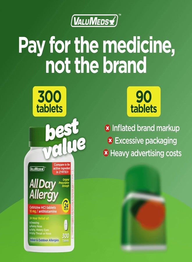 ValuMeds 24-Hour Allergy Medicine Antihistamine for Pollen, Hay Fever, Dry, Itchy Eyes, Allergies | Cetirizine HCl 10mg Caplets, Compare to Leading Brand (300 Count) - Image 3