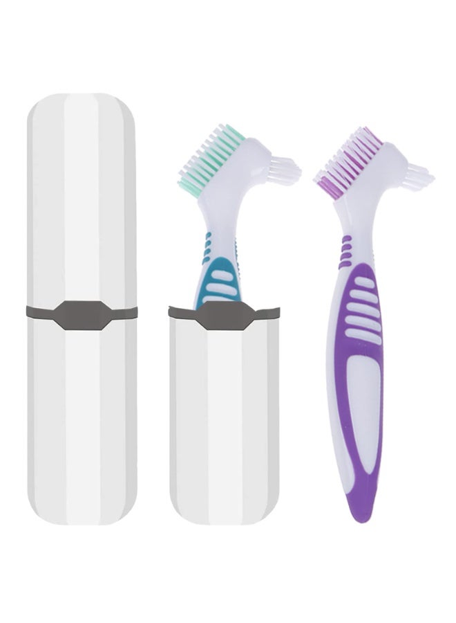 Chabeia 2 Pcs Denture Brush With White Carrying Case, False Teeth Toothbrush, Multi-Layered Bristles with Ergonomic Rubber Handle, for Dentures Cleaning（Green & Purple） - Image 1