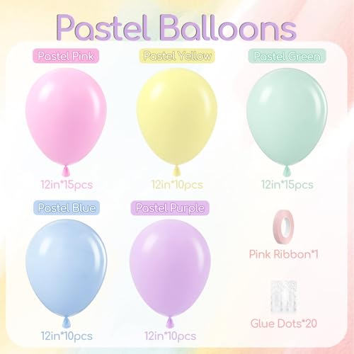 awenztech 60pcs Pastel Balloons 12inch Pastel Color Balloons with Light Pink Green Yellow Blue Purple Balloon for Easter Rainbow Baby Shower Birthday Party Decorations - Image 5