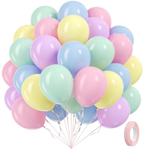 awenztech 60pcs Pastel Balloons 12inch Pastel Color Balloons with Light Pink Green Yellow Blue Purple Balloon for Easter Rainbow Baby Shower Birthday Party Decorations - Image 1