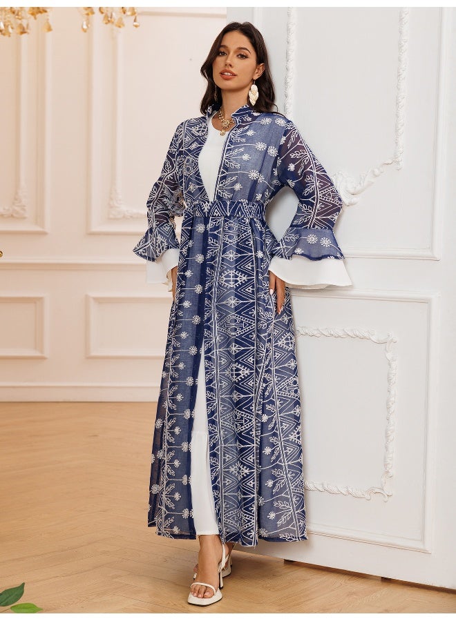 إسكدنيا فستان طويل بأكمام جرس أنيق مع تطريز مع كاردigan على شكل مجموعتين - Image 3