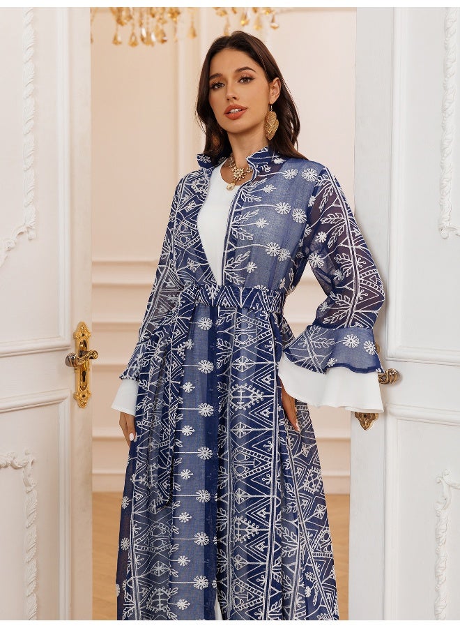 إسكدنيا فستان طويل بأكمام جرس أنيق مع تطريز مع كاردigan على شكل مجموعتين - Image 4