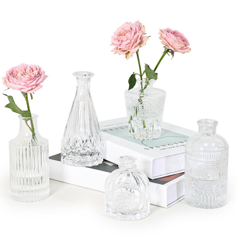 SUPMIND Glass Bud Vase Set of 5 Clear Small Flower Vases for Centerpieces in Bulk Mini Vintage Vase for Rustic Wedding HomeTable