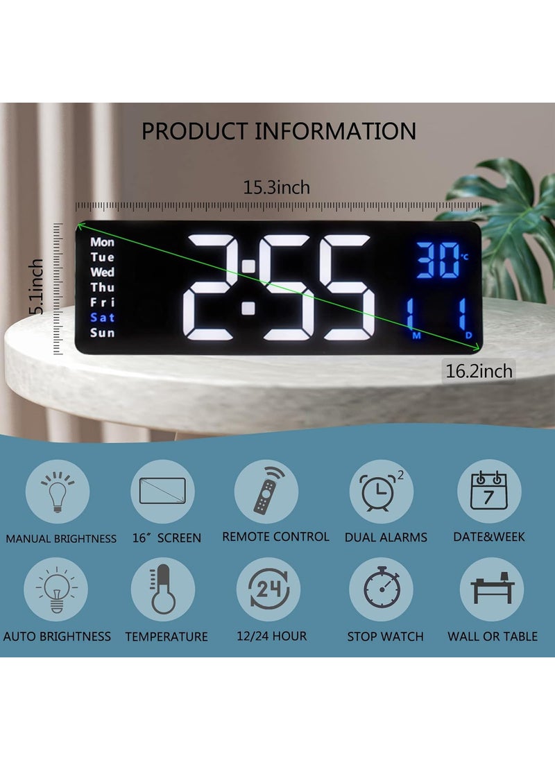 D ZOVAG LED Digital Alarm Clock for Wall 162 Inch Large Wall with Remote Control Big Clock with Date Week Temperature for Living Room MultiColourPack of 1 Blue