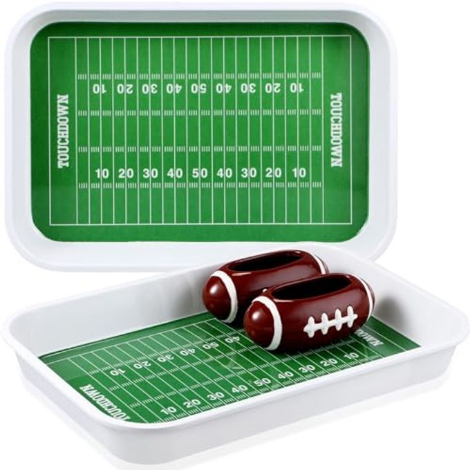 Vesici 4 Pcs Football Stadium Chip and Dip Sports Serving Set with 2 Ceramic Bowls and 2 Melamine Trays for Football Tailgate Decorations