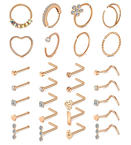 Mayhoop 20g Nose Rings Hoops And Studs For Women Men - Hypoallergenic 316L Surgical Stainless Steel L Shape Nose Screw Bone Silver Rose Gold Black Rainbow Pack 28Pcs - Image 5