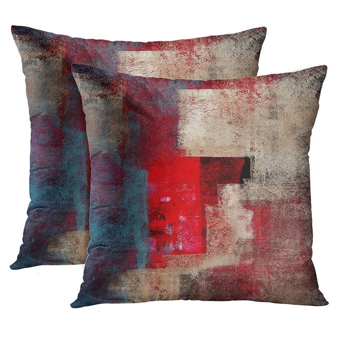 SET OF 2 THROW PILLOW COVERS MODERN ABSTRACT PAINTING RED BROWN AND GRAY DECORATIVE PILLOW CASES HOME DECOR STANDARD SQUARE 18X18 INCHES PILLOWCASES