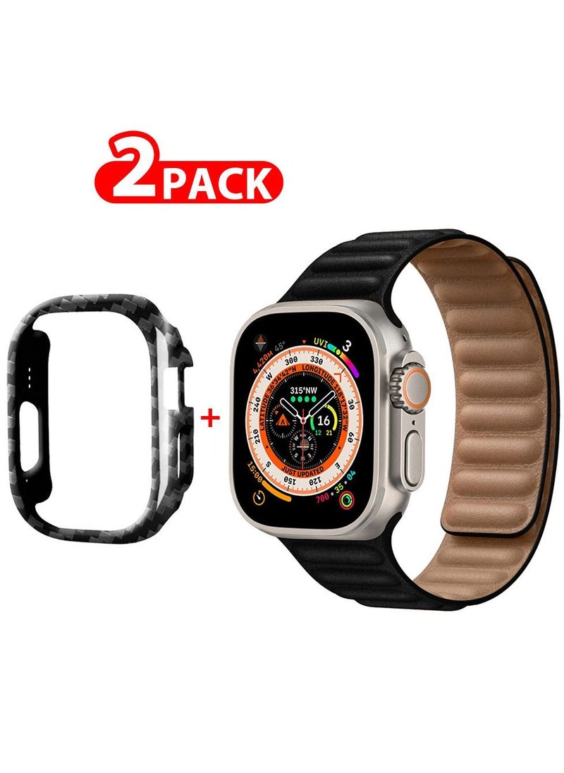 CATANES - 2 Packs For Apple Watch Band 49mm Leather Link Strap Magnetic Loop Bracelet and Carbon Fiber Cup Holder Black - Image 1