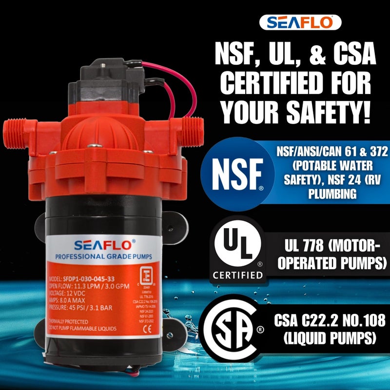 SEAFLO 33 Series 12V DC RV/Camper/Boat/Off-Grid Fresh Water Pressure Pump â€“12V, 3.0 GPM, 45 PSI, On Demand Self-Priming, Built-In Pressure Switch - NSF, CE & Rohs Certified, UL Listed, 4-Year Warranty - Image 2