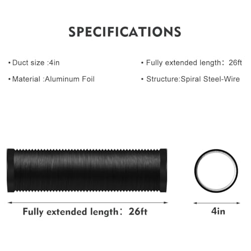 YIJUHOU 4-Inch Dryer Vent Hose 26FT, Flexible Aluminum Duct with 2 Clamps, Heavy-Duty Four Layer Protection for HVAC Ventilation and Exhaust Black - Image 3