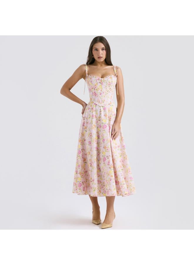 European And American New Arrival Floral Skirt Sling Women's Summer Fishbone Split Midi Skirt Two-piece Printed Dress Women's Clothing 
