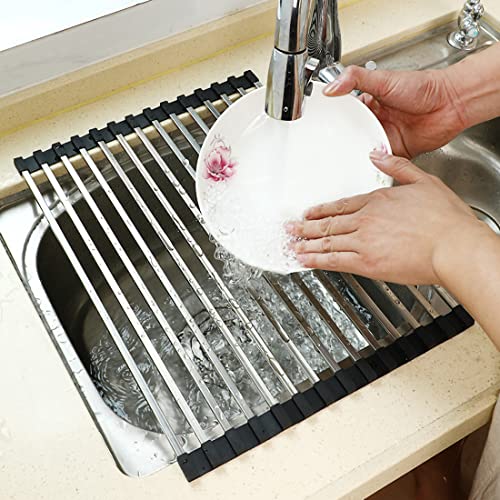 Ahyuan Roll up Dish Drying Rack Over The Sink Dish Drying Rack Square Tubes Dish Rack Over Sink Dish Racks for Kitchen Counter RV Camper Accessories for Travel Trailers Black 178Wx134L