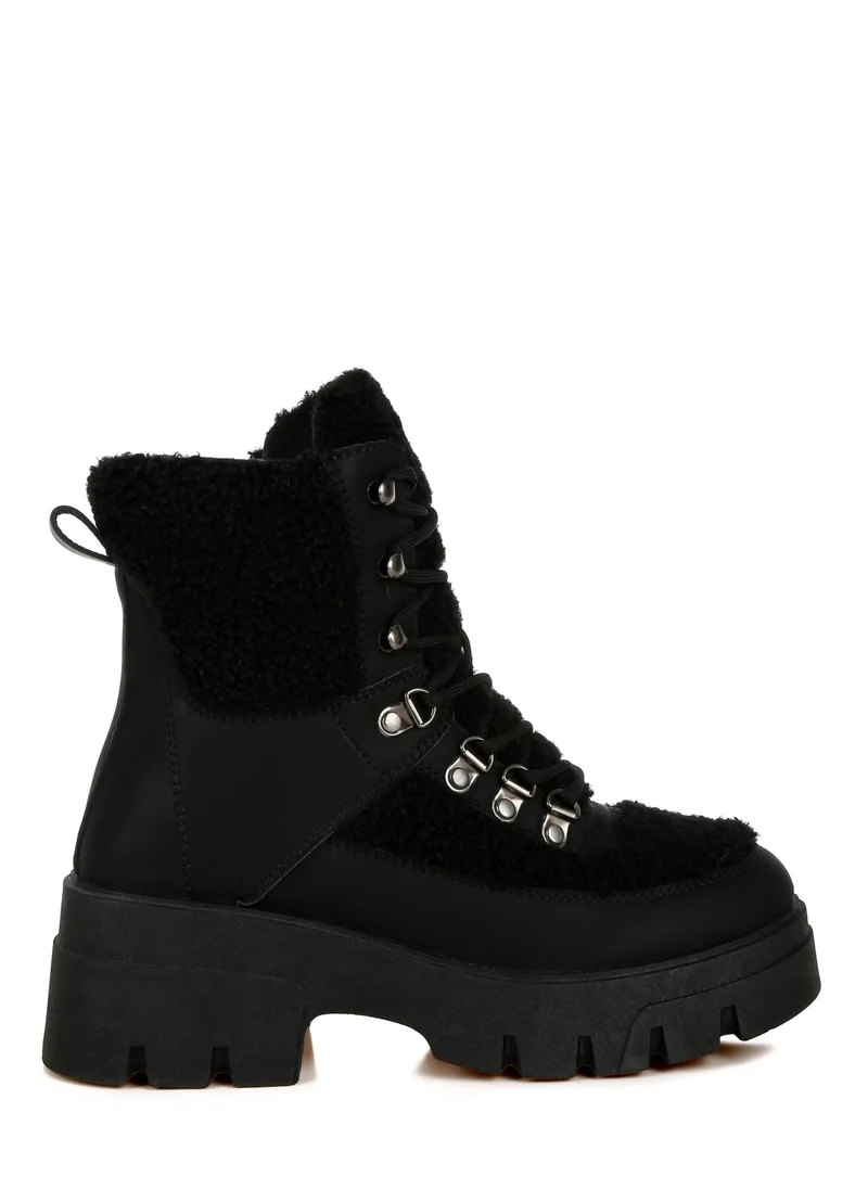 London Rag Black Faux Fur Detail Chunky Hiker Boots