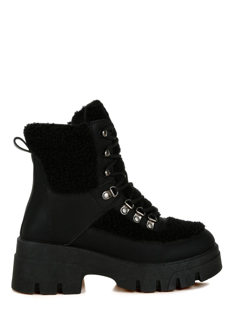 London Rag Black Faux Fur Detail Chunky Hiker Boots  - Image 1