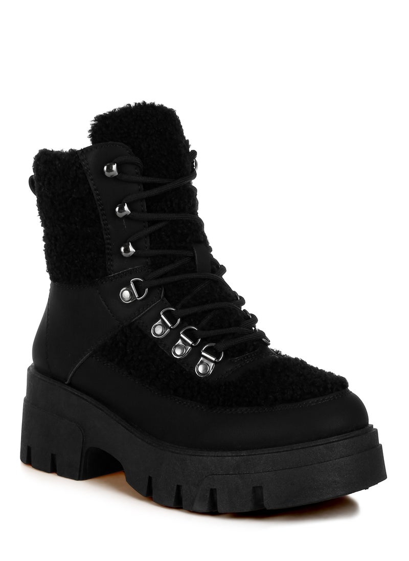 London Rag Black Faux Fur Detail Chunky Hiker Boots  - Image 2