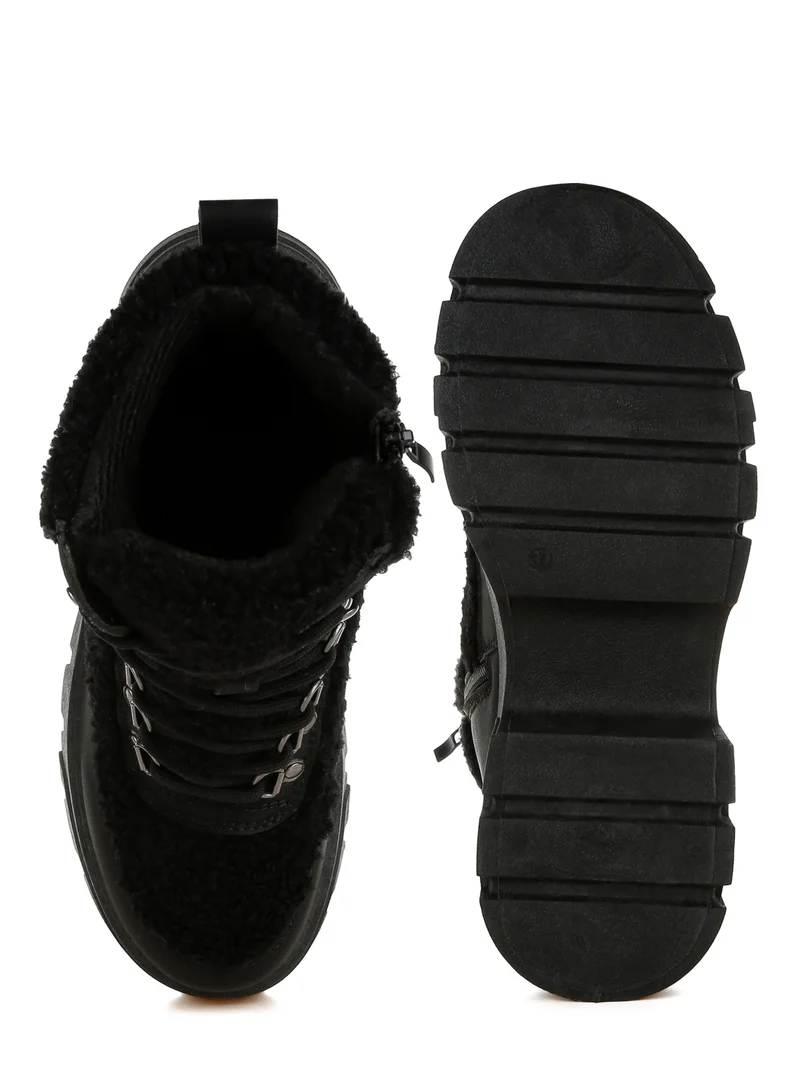 London Rag Black Faux Fur Detail Chunky Hiker Boots